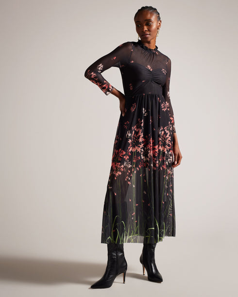 SUSENAA-Dresses-Sophisticated with a flirty edge, the SUSENAA dress ticks all the boxes. Pair with heels or boots for a timeless look. Midaxi dress Mesh overlay with high neck Sweetheart neckline lining 3/4 length sleeves Floral print Keyhole cut-out on back Ruffled collar Ayo is 5'8" / 1.73m and wears Black in a Ted size 1- Ted Baker Romania